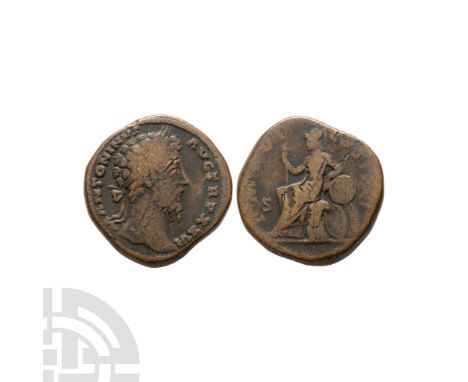 171-172 A.D. Obv: M ANTONINVS AVG TR P XXVI, laureate head right. Rev: IMP VI COS III S-C, Roma seated left on cuirass, holdi