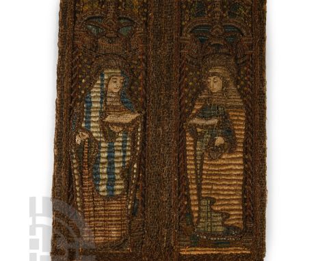 Southern Netherlands, 15th century A.D. Rectangular textile panel with six figural scenes within laid work borders; each figu
