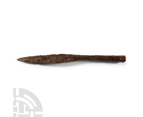 6th-8th century A.D. Lentoid-section narrow blade with thick shoulder, closed socket; Swanton's Group I2. Cf. Swanton, M.J. S