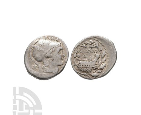 108-109 B.C. Rome mint. Obv: ROMA CERCO behind and before head of Roma right, wearing crested helmet decorated with plume and