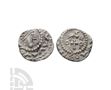 680-710 A.D. Obv: profile bust right with double ring of pellets (in place of blundered legend). Rev: flying bird with cross 