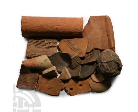 1st-4th century A.D. Including roof-ridge channel, floor tile, bowl rim and other items.  6.4 kg total, 6-28.5 cm (2 1/4 - 11