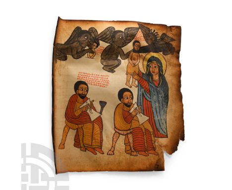 17th century A.D. Leaf from a vellum manuscript with hand-coloured image: Mary, right, nimbate in red floor-length robe and b
