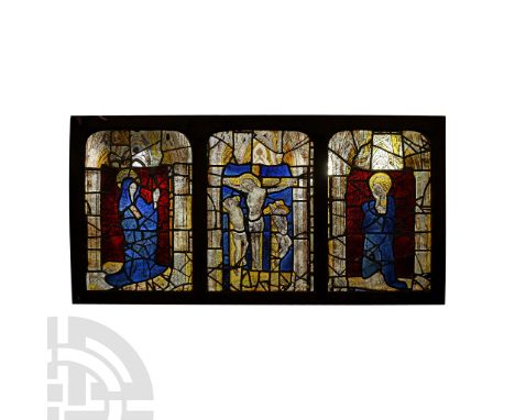 Germany, Erfurt, circa 1420 A.D. Triptych in a wooden frame comprising: Left: Mary in blue robe advancing against a red field