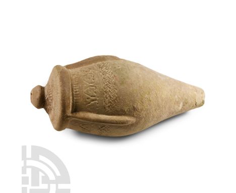 14th century A.D. Piriform body with thick ribs to the shoulder and impressed knotwork panels between, domed filler-hole, int