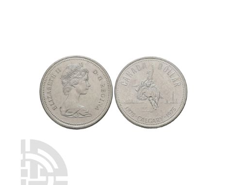 Dated 1975 A.D. 800 silver. Obv: bust of Queen Elizabeth II wearing tiara, facing right, ELIZABETH II DEI GRATIA REGINA. Rev:
