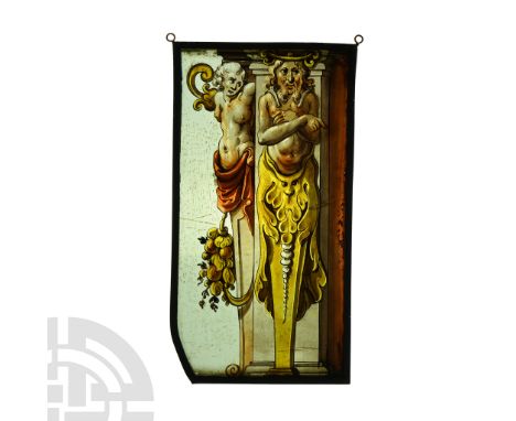 Southern Low Countries, 16th century A.D. Rectangular panel in a lead frame; painted scene depicting an architectural feature