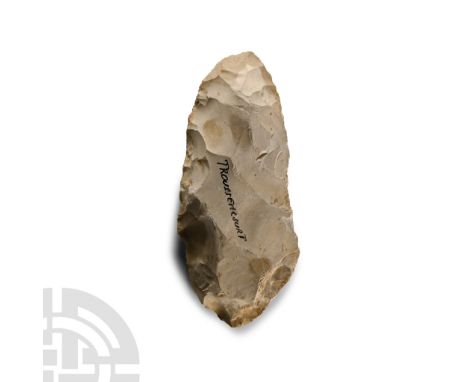 Neolithic Period, 3000-2000 B.C. Biconvex in section with narrow butt and broad edge; marked 'Troussencourt'.  188 grams, 12.