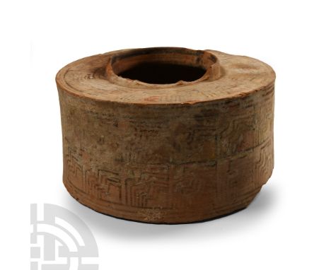 3rd-2nd millennium B.C. With slightly sloping sidewall, flat shoulder and everted rim to the broad mouth; painted geometric b