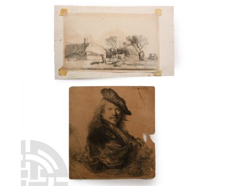 17th-18th century A.D. Comprising: landscape with farm buildings, cows and horses; accompanied by a portrait, an impression o
