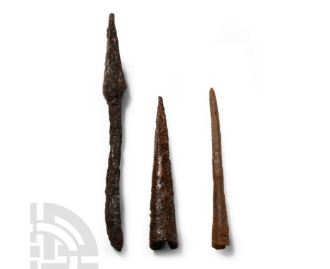 3rd century A.D. Comprising: square-section missile head with short neck; conical ferrule with square-section finial; conical