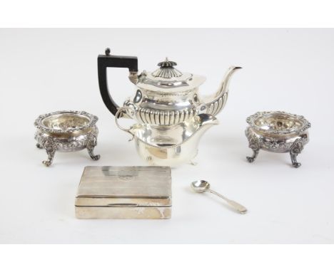 Pair of Victorian cast and repoussé silver open salts, by George Ivory, London 1857,  fluted silver tea pot with ebonised kno