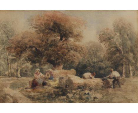 Peter De Wint (British, 1784-1849), 'Woodcutters in a Glade', watercolour, unsigned, 16 x 24cm, framed and glazed, bearing Al