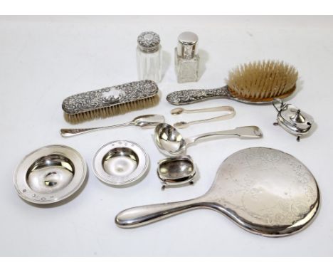 Two small silver armada dishes, open salt and mustard, George IV ladle, London 1821, sugar spoon and tongs, total weight 10.4