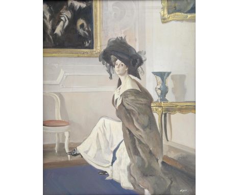 Twentieth-century European School, portrait of a lady wearing a blue hat, oil on canvas, signed indistinctly lower right, 78 