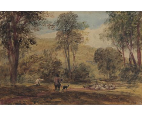 Attributed to David Cox l (1783-1859). 'In Derbyshire', shepherd, farmer and their flock in a woodland clearing. Watercolour.