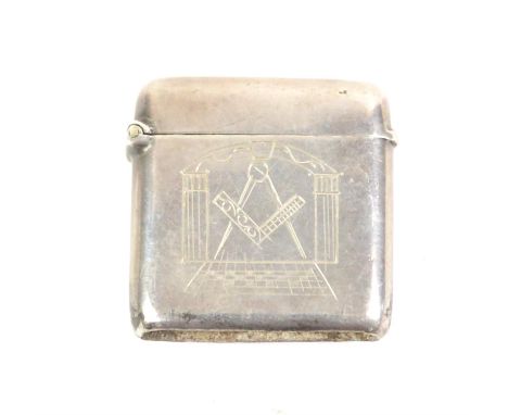 Masonic silver Vesta case featuring square and compass on one side and 6557 and hand shake on the other side. Possibly for lo