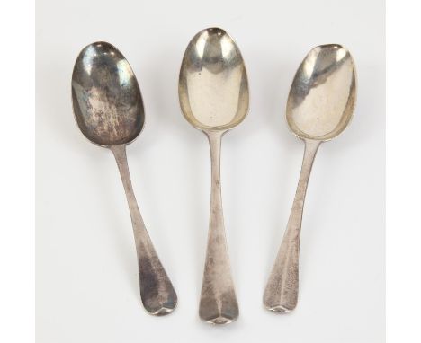 Pair of rat tail table spoons London 1713, individually inscribed IM 1712 / MM 1712, Old English pattern table spoon London 1