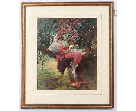 Hal Hurst (1865-1938). Portrait of a Woman Seated beneath a Flowering Tree. Oil on paper, signed lower left. 42 x 34.5cm. 