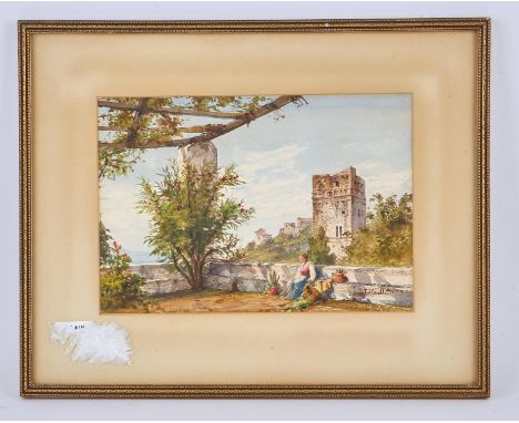 Gabrielle Carelli (Italian, 1820-c.1900), Italian coastal scene with terrace and clock tower, watercolour, signed lower right