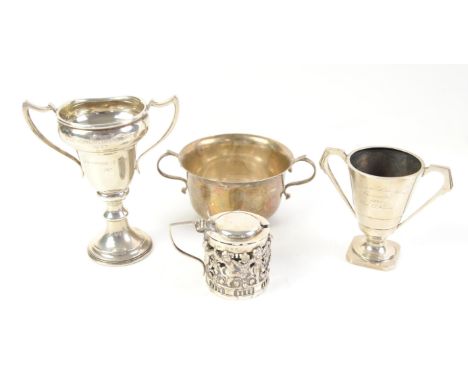 George V silver twin-handled sugar bowl, by Adie Bros. Ltd., Birmingham, 1929, two trophy cups and a mustard pot holder with 