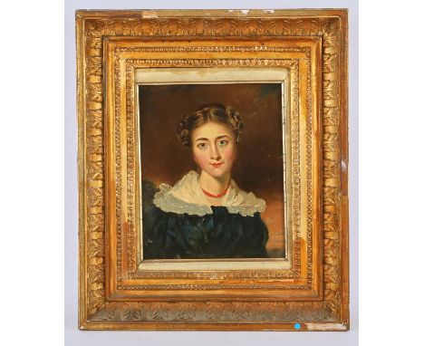 Nineteenth-century British School, portrait of a young woman, oil on panel, 26.5 x 22cm, framed.