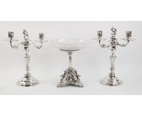 Early 20th century silver plated fruit stand with etched glass bowl on a pedestal base mounted with three dragons, together w