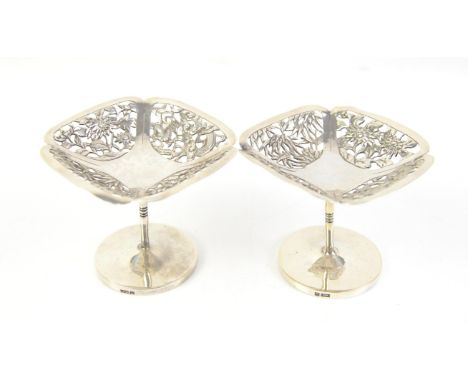 Pair of Wang Hing Chinese silver pedestal tazzas, sat on a stem in the form of bamboo and each bowl consisting of four pierce