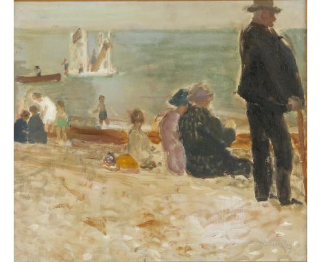 § Claude Rogers (British, 1907-1979), beach scene with figures to foreground, 1937, oil on canvas, signed and dated lower rig