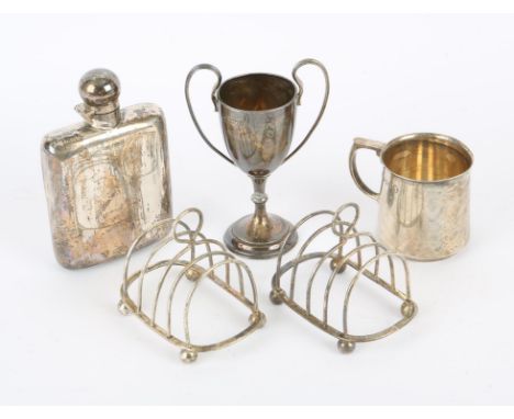 Pair of George VI silver four division toast racks, by William Hutton & Sons Ltd., Birmingham, 1947, silver hip flask, mug an