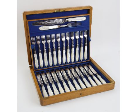 Early 20th century cased set of twelve silver plated knives and forks by Harrison Brothers & Howson,  with mother of pearl ha