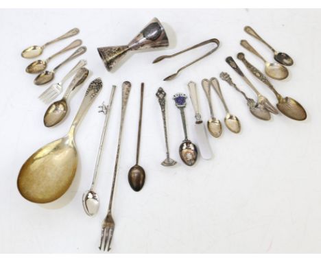 Various sterling and 800 standard silver spoons forks and tongs to include a witch spoon by Daniel Low, spirit measure and ot