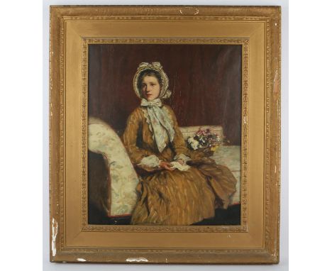 Susan Isabel Dacre (British, 1844-1933), portrait of a girl wearing a bonnet, oil on canvas, 67 x 56cm, framed and glazed, be
