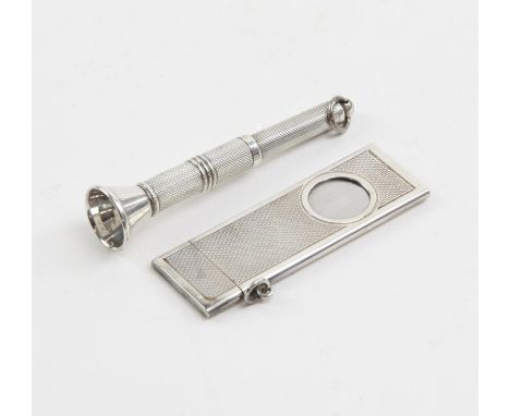 Modern silver cigar cutter with engine turned decoration, by William Manton, Birmingham, 1982 and a silver cigar piercer, Bir