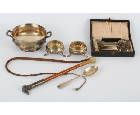 George V silver twin-handle bowl and spoon, by Goldsmiths & Silversmiths Co. Ltd., London, 1928, pair of George III salts, ho