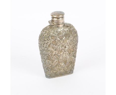 Sterling silver, possibly American hip flask with embossed floral decoration, 5.3oz, 167g,Condition Report:  A few small loss