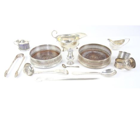 Pair of modern silver coasters by Mills & Hersey, London 1974, meat skewer, London 1977, gravy boat,  Birmingham 1918, cream 