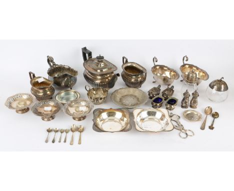 Silver plated items to include a pair of three light candelabra, large hammered pedestal bowl set with coins, with lion mask 