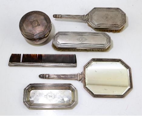 Tiffany & Co. early 20th century sterling silver dressing table set comprising hand mirror, hair brush, comb, clothes brush, 