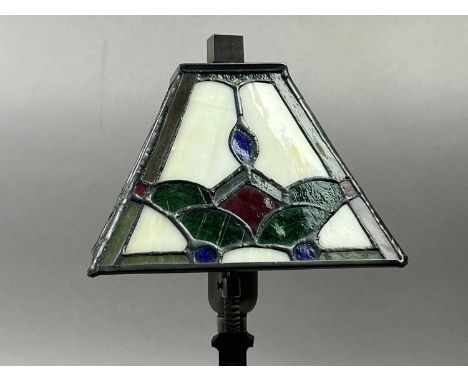 one lamp base of brushed metal finish, with Tiffany style pyramid shaped shadeQty: 2