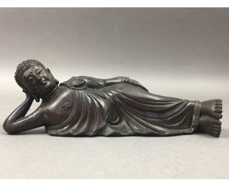 including a Chinese bronzed caddy, a reproduction mortar and pestle and a medeival style casket, also a pair of carvings, a t