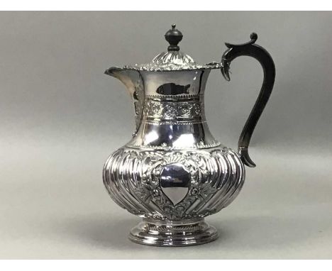 by R Stewart, Glasgow, comprising a tea pot, hot water jug, sugar and cream, each cast in relief with foliate designs and wit