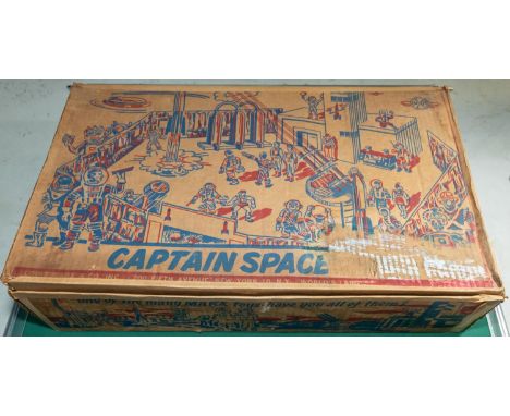 Louis Marx No. 7026 "Captain Space " Solar academy play set, containing tin plate buildings, plastic space figures, space cra