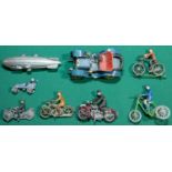 8 Vintage metal toys to include, Tootsie toys Airship, White metal model of a 1904 Darracq car(