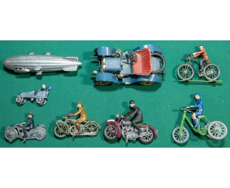 8 Vintage metal toys to include, Tootsie toys Airship, White metal model of a 1904 Darracq car( Missing 1 front head lamp). M