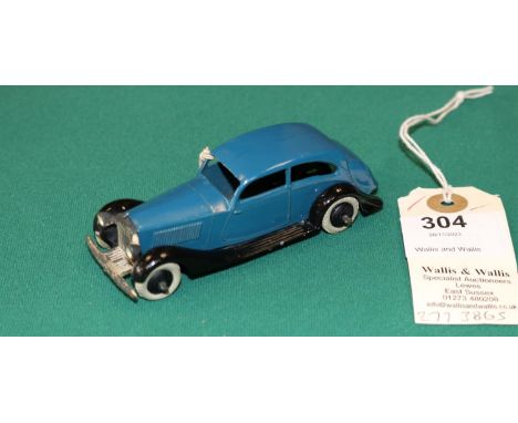 Dinky Toys Rolls Royce (30b). A 1936-1940 example in blue with open black chassis, smooth black wheels with original white ru