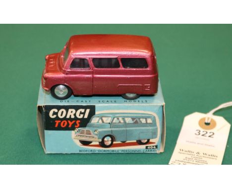 Corgi Toys Bedford Dormobile Personnel Carrier (404). An example in metallic cerise with smooth spun wheels and black tyres. 