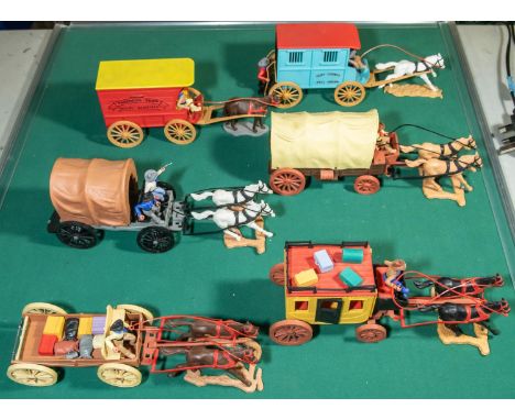 6 plastic Timpo wagons, to include, Clay County Jail wagon, with Horse and Figures, 2 Covered wagons with figures, open back 