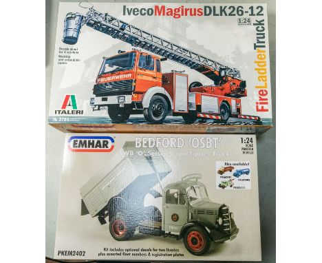 3x Model kits, 1:24 scale  EMHAR Bedford "OSBT" 5-ton SWB Tipper truck, 1:24 scale Italeri Iveco Magirus DLK 26-12 Fire Ladde
