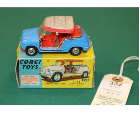 Corgi Toys Ghia Fiat 600 'Jolly' (240). An example in mid blue with red interior, silver/red fringed canopy, with no seated f